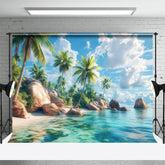 Lofaris Serene Tropical Island Coastline Palm Rocks Backdrop